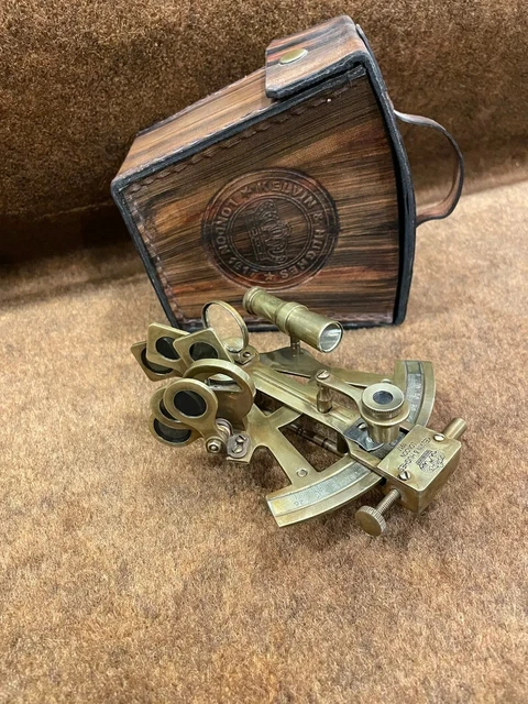 Antique Brass Sextant Kelvin & Astrolabe Navigation Instrument with leather case