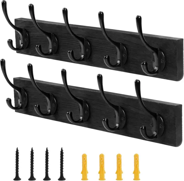 Coat Rack Wall Mount Hat Rack Wall Mount 2 Pack with 10 Wall Hooks (Black)
