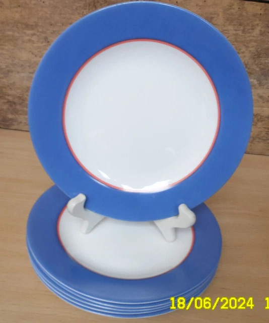 Lot De 6 Assiettes à Dessert Arcopal France – Opaline Jaune, Liseré Bleu (vintage)