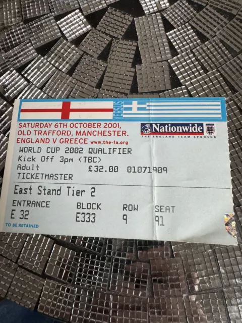 England v Greece David Beckham free kick 2001 ticket stub