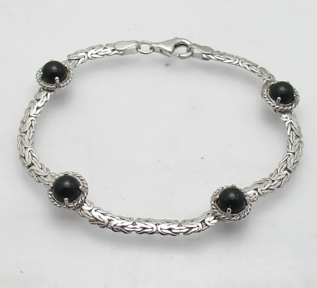 Black Onyx Byzantine Link Chain Bracelet Anti-Tarnish Real 925 Sterling Silver