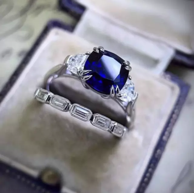 Features Blue Sapphire & Lab-Created White Diamond Wedding Three Stone Ring Set