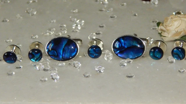 18x13mm S/P Cufflinks & 8mm S/P Shirt Studs & Blue Paua/Abalone Shell-Tuxedo