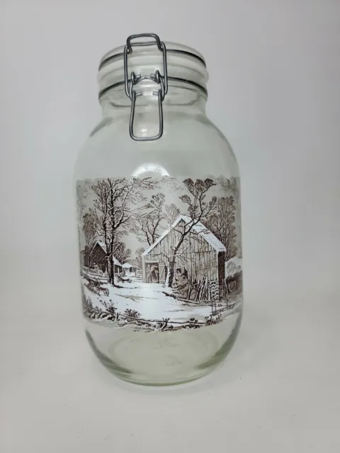 Currier and Ives "The Old Homestead in Winter" Glass Jar with Hinged Lid 3Liters