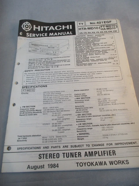 Vintage Retro Hitatchi Service Manual -  Stereo Tuner Amplifier MTA-MD10 - Japan