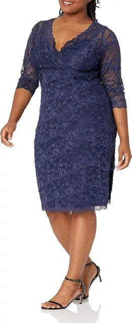 Marina Womens 18W Navy Blue Lace And Sequin V-Neck Cocktail Holiday Dress