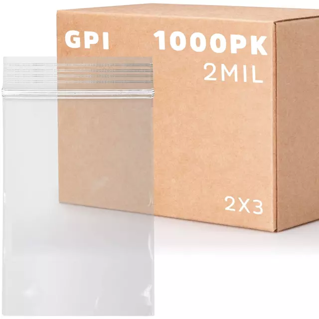 GPI - 1000 Count, 2" X 3" Clear Plastic Resealable Zip Bags, Bulk 2 Mil, Strong