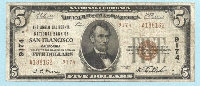 $5 National Currency 1929 T2 Ch#9174 Anglo California NB, San Francisco CA - VF+