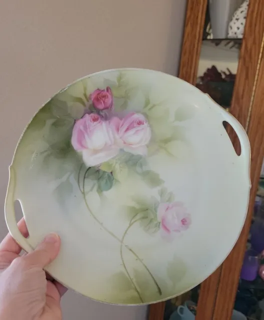 Vintage RS Marked Germany Hand Painted Two Handle 10" Plate Pink Roses Floral