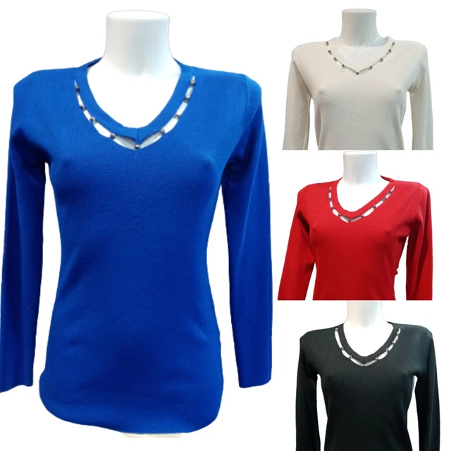 Maglione Donna Pullover SCOLLO V LANA INVERNALE MAGLIA MANICA LUNGA SOTTOGIACCA