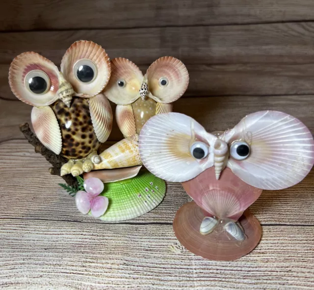 Vintage Sea Shell Art Owl Figurine Family Hand Crafted Beach Souvenir Pair