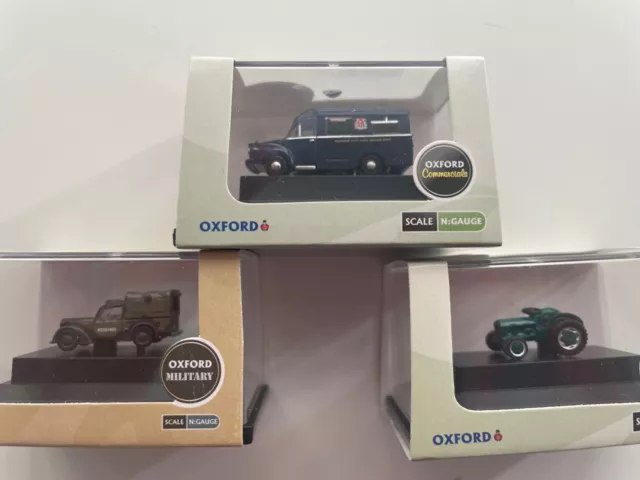 3 Oxford N Gauge model Vehicles.Ambulance,Austin Tilly,Tractor.