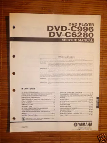 Service Manuelle Yamaha DVD-C996, DV-C6280 Lecteur DVD, Original