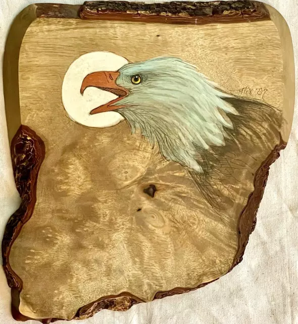 Original Signed ALIX MOSIEUR PAINTING OF EAGLE On Myrtle Wood Slab Listed Artist