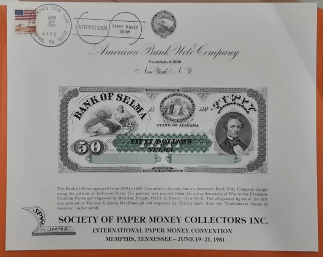 ABNC SC 1981 IPMS Memphis Mid1800s Bank of Selma, AL $50 Note Show Cancel  SO-15