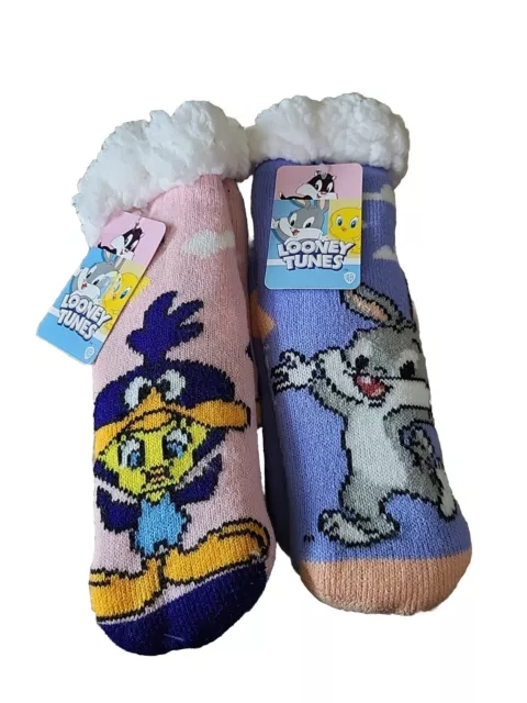 SHERPA LINED KIDS Slipper Socks w/Gripper Bottom - Looney Tunes (2 ...