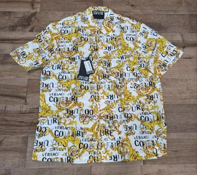 $310 Mens Versace Jeans Couture Printed Button Up Shirt White/Gold 52 US XL