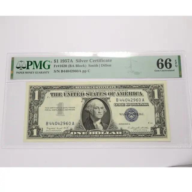 1957 A PMG Gem UNC 66 EPQ | Silver Certificate $1 One Dollar Bank Note #43906F