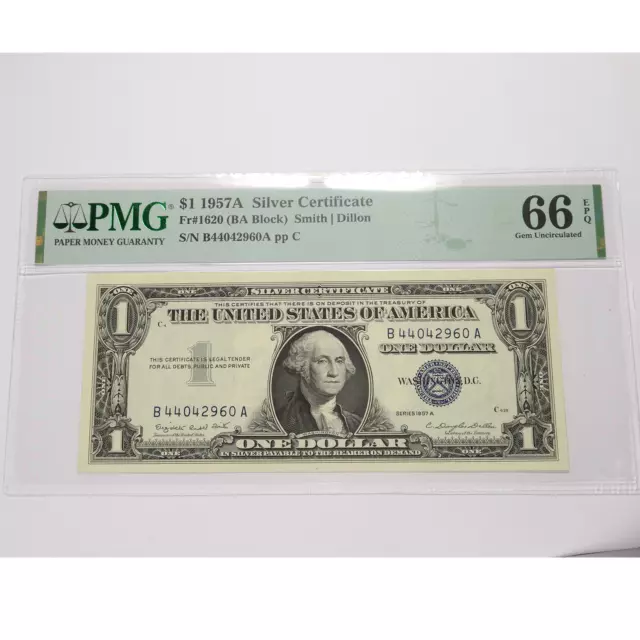 1957 A PMG Gem UNC 66 EPQ | Silver Certificate $1 One Dollar Bank Note #43906F