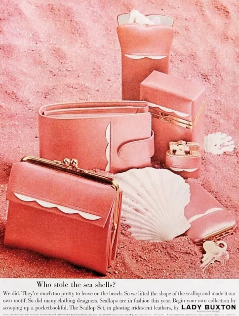 Lady Buxton purse ad vintage 1962 pink pocketbook sand sea shell advertisement