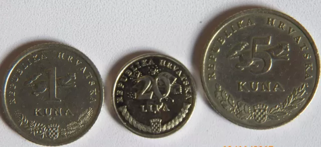Münzen Hrvatska 3 Stück „5 & 1 Kuna & 20 Lipa Kroatien“ 2001,2005,2004