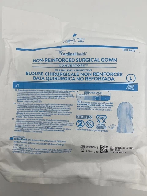 Level 3 Cardinal Non-Reinforced Surgical Gown, Sterile, Large, Blue. EXP 2025