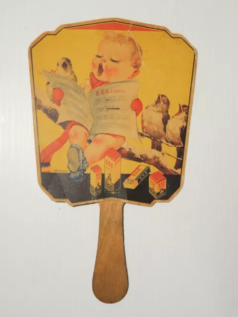 Vintage Advertising Hand Held Paper Fan 666 Laxative Salve Tablets for Colds