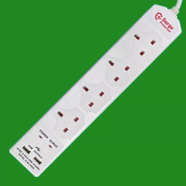 4 Gang Poussée Protégé Rallonge Câble Avec Double USB Ports & Lumière Fluo, 2m