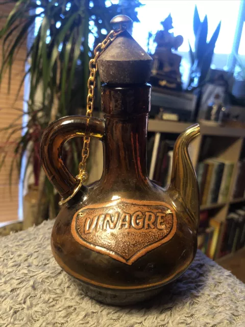 Vintage Brown Glass Vinegar Vinagre Bottle /Jug With Wooden Stopper