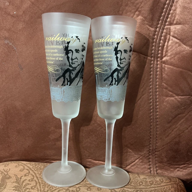 pair Steam Railway Historic George Stephenson 1825 Rocket Champagne Flute Glass