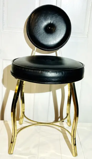 Vintage MCM Gold Brass Metal Vanity Stool Seat with Black Faux Leather Cushion