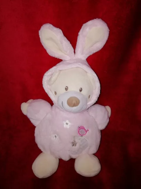 Doudou Peluche Auchan Ours Blanc Déguisé en Lapin Rose Etat Neuf