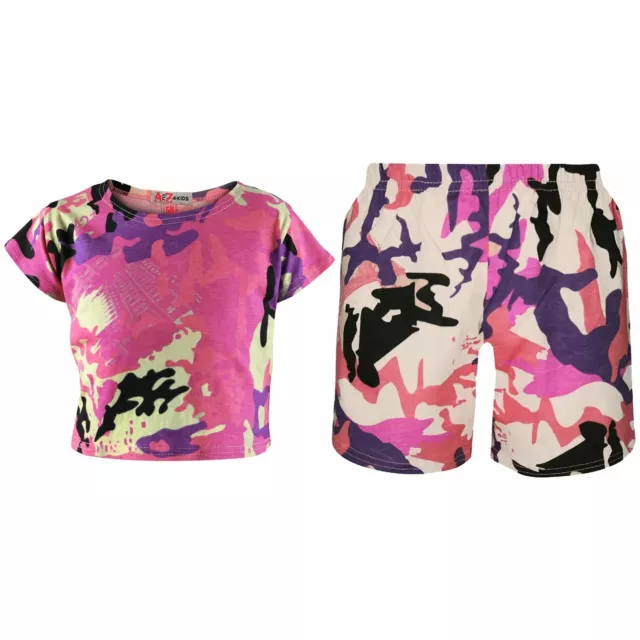 Kids Girls Crop Top & Cycling Short Baby Pink Camouflage Print Summer Outfit Set