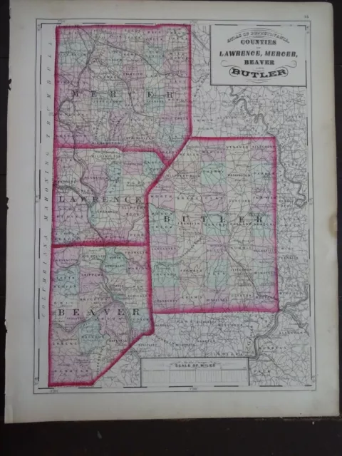 1872 Hand-Colored Map of PA/Counties of Lawrence, Mercer, Beaver & Butler