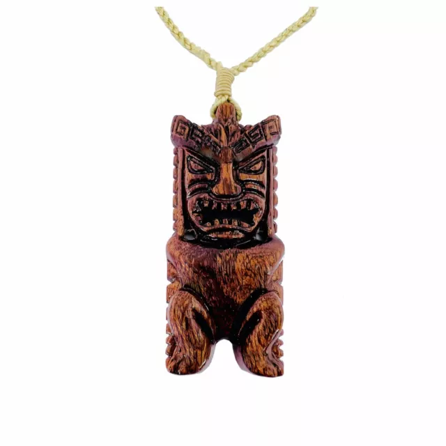 Hawaiian Jewelry Hand Carved Koa Wood Tiki God Ku Pendant Necklace from Hawaii
