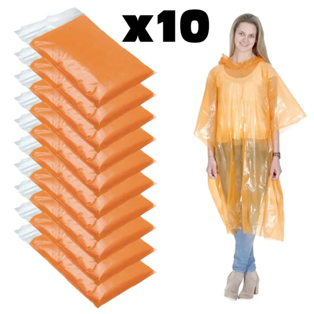 10 x Adult Rain Poncho - Disposable Raincoat Hood Emergency Waterproof Festivals