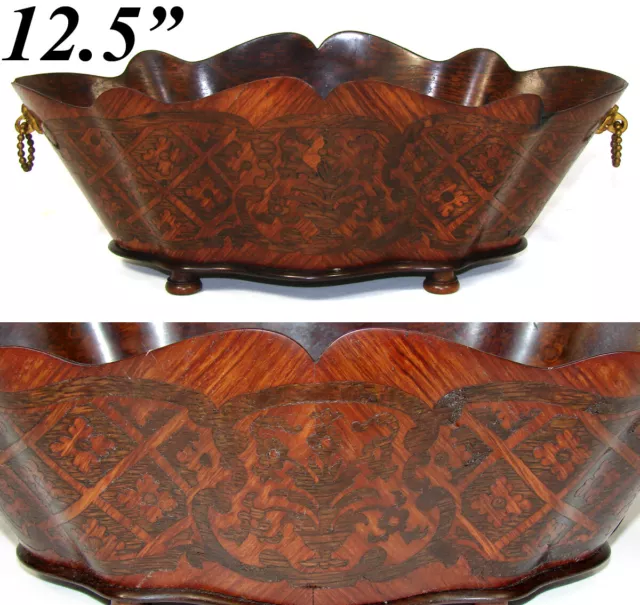 Antique French Napoleon III 12.5" Jardiniere, Serpentine Wood, Marquetry Inlay