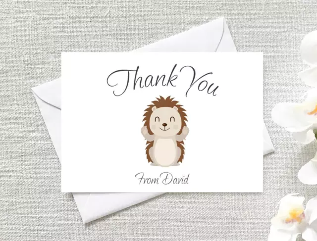 Pack of 12 Personalised Thank You Hedgehog Note Cards With White Envelopes