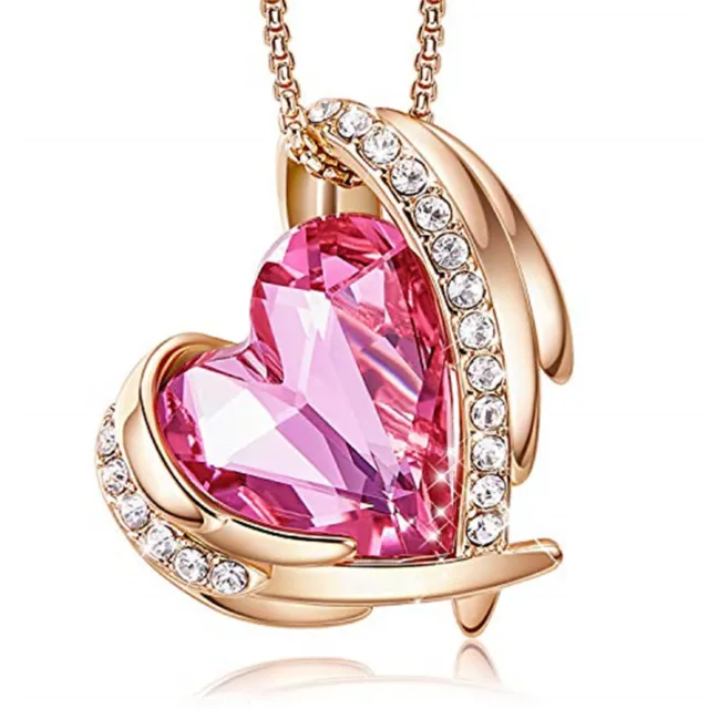 Fashion Women's Rose Gold Wing Heart-Shaped Pink Zircon Pendant Necklace Jewelry
