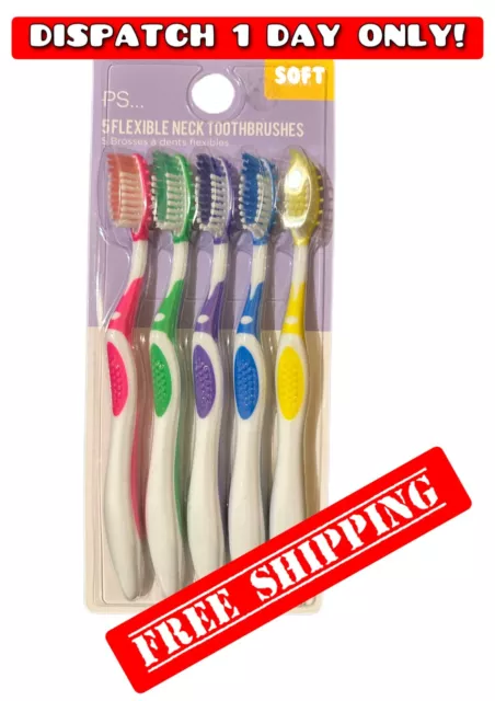 5x FLEXIBLE NECK SOFT TOOTHBRUSHES MULTI COLOR NEW SET