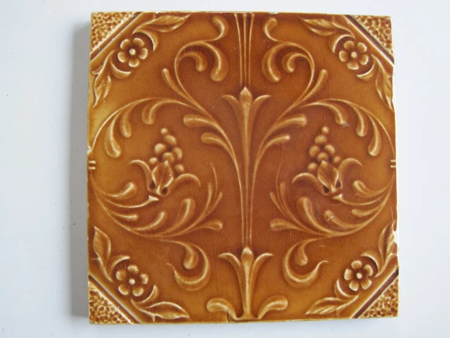 Antique Victorian 6" Sq.  Moulded & Majolica Glazed Aesthetic Floral Tile