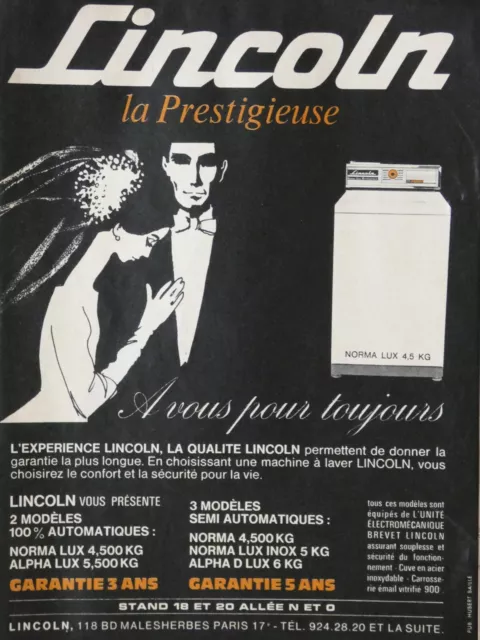 PUBLICITÉ DE PRESSE 1965 LINCOLN La prestige machine à laver automatique