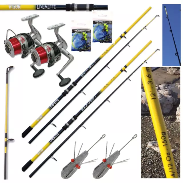 Sea Fishing Set Up - 2 X 12Ft Beachcaster Rods + 2 X Sea Reels + Weights + Rigs
