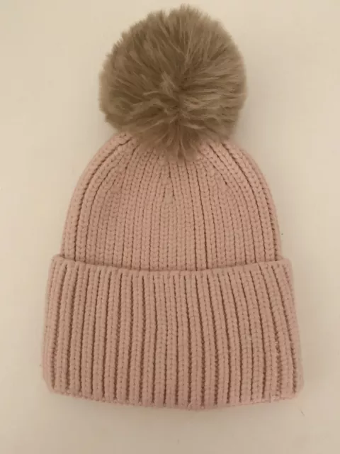 Steve Madden Beanie Winter Hat Knit  Faux Fur Pom Pom Pink Hat Stretch Fit