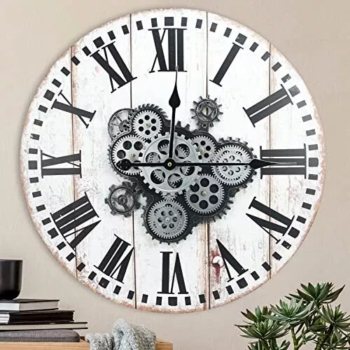 TOKTEKK 24 inch Large Decorative Wall Clock with Real Moving Gears, Battery