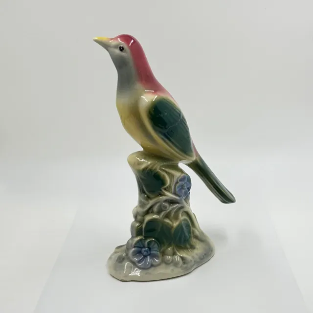 Vintage Royal Copley Bird Flycatcher 8-inch Ceramic Figurine Mauve / Green