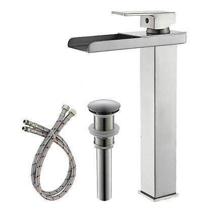 Brushed Nickel Waterfall Spout Single Lever One Hole Bathroom Vessel Sink Faucet