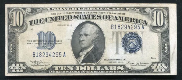 Fr. 1703 1934-B $10 Ten Dollars Silver Certificate Scarce Series Extremely Fine