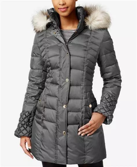 Nwt Betsey Johnson Gray Fur Trim Hood Quilted Down Puffer Winter Coat Jacket S