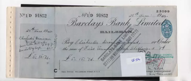 Cheque - (CH1856 ) - used - 1943 - Barclays Bank, Hailsham - used but inc c'foil